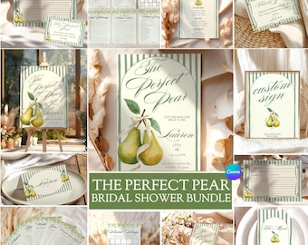 Perfecte peer bruids douche bundel, peren thema vrijgezellenfeest decor, perfect paar bruids douche, bewerkbare canvas uitnodiging, games, borden kit