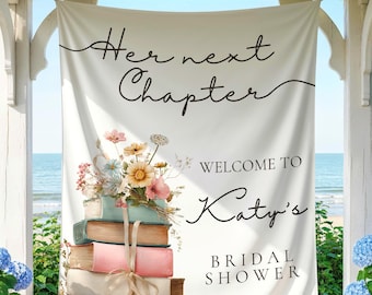 Her Next Chapter Bridal Shower Banner, Personalized Book Theme Photo Backdrop, Floral Wall Tapestry