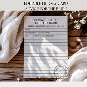 Her Next Chapter Library Card Advice and Wishes for the Bride – Book Themed Bridal Shower, Editable Canva Template 4x6 & 5x7