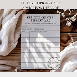 Karta biblioteczna „Her Next Chapter” – porady i życzenia dla panny młodej – wieczór panieński w tematyce książkowej, edytowalny szablon Canva 4x6 i 5x7