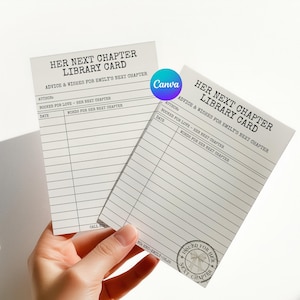 Her Next Chapter Library Card Advice and Wishes for the Bride – Book Themed Bridal Shower, Editable Canva Template 4x6 & 5x7