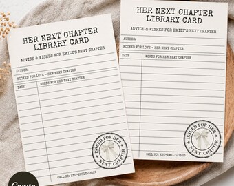 Her Next Chapter Library Card Advice and Wishes for the Bride – Book Themed Bridal Shower, Editable Canva Template 4x6 & 5x7