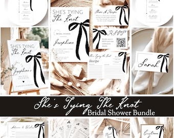 Black Bow Bridal Shower Bundle, She’s Tying the Knot Invitation Template, Editable Canva Shower Games and Signs