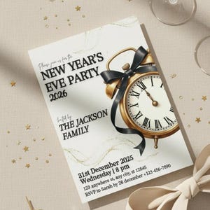 May include: New Year's Eve party invitation featuring a gold clock with a black ribbon, and the text "NEW YEAR'S EVE PARTY 2026". The invitation is cream-colored with gold accents and includes event details.