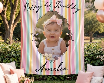 Personalized 1st Birthday Photo Banner, Custom Baby Girl Party Backdrop