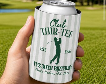 30th Golf Birthday Can Cooler, Personalized Golf Birthday Party Favors for Men, Club Thir-Tee Custom Can Holder