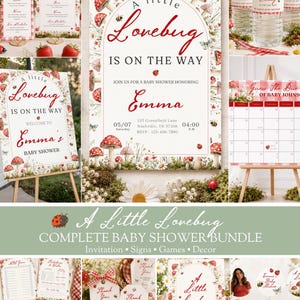 Lovebug Baby Shower-paket, Inbjudan till nyckelpiga med svamp, Spel och skyltar, Redigerbara Canvas-mallar