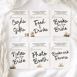 May include: Six rectangular white library cards with black text and lined details. Each card features the header Her Next Chapter Library Card and specific labels including Cards & Gifts, Food & Drinks, Books for the Bride, Notes for the Bride, Photo Booth, and Bookmark Favors with small floral book illustrations.