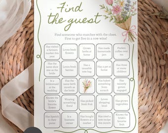 Finden Sie den Gast Brautdusche Bingo, frisch vom Markt Eisbrecher Spiel, Wildblumen bearbeitbare Leinwand