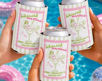 Bikinis and Martinis Can Cooler, Personalized Beach Bachelorette Party Favor, Custom Name Drink Sleeve, Girls Trip Favor, Bridesmaid Gift