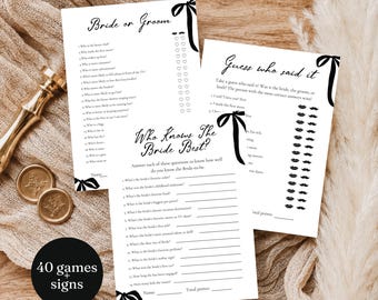 Bridal Shower Games Bundle Black Bow, 25 Printable Games, 15 Ready Made Signs, Advice and Wishes Card, Editable Canva Download