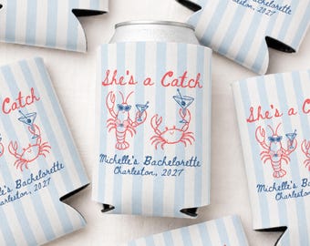She’s a Catch Coastal Bach Party Favor,Custom Bachelorette Can Cooler,Personalized Lobster Beach Bachelorette Drink Sleeve