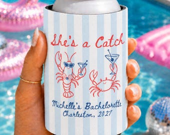 Lobster Bachelorette Can Cooler, Personalized East Coast Bach Favor, Coastal Girls Trip Drink Sleeve