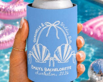 Seashell Bachelorette Can Cooler, Personalized Coastal Bridal Party Favor, Beach Girls Trip Sleeve