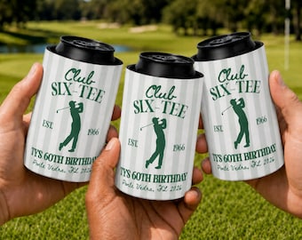 60th Golf Birthday Can Cooler, Personalized Golf Birthday Party Favors for Men, Club Six-Tee Custom Can Holder