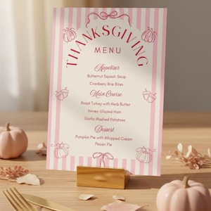 Thanksgiving Menu Template Pink and Cream | Coquette Retro 5x7 Canva Editable  Thanksgiving Dinner Menu Template