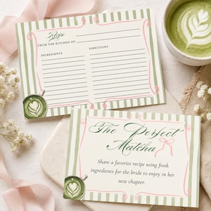 Tarjetas de recetas para despedida de soltera con matcha, rayas verde salvia y lazos coquetos (descarga digital)