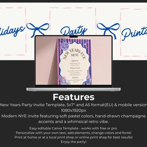 May include: A laptop displays a New Year's Eve menu template with a soft pastel color scheme and hand-drawn champagne accents. The words "Holidays", "Party", and "Printables" are above the laptop.