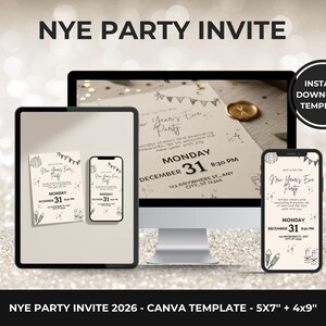 K&ouml;nnte beinhalten: Ein digitales Neujahrsparty-Einladungstemplate, das auf einem Tablet, Smartphone und Computerbildschirm angezeigt wird. Die Einladung hat ein minimalistisches Design mit dem Text "NYE PARTY INVITE" und Veranstaltungsdetails. Das Template ist in 12.7cm x 17.8cm und 10.2cm x 22.9cm Gr&ouml;&szlig;en verf&uuml;gbar.