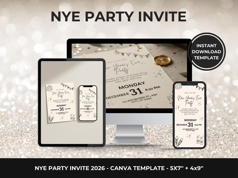 K&ouml;nnte beinhalten: Ein digitales Neujahrsparty-Einladungstemplate, das auf einem Tablet, Smartphone und Computerbildschirm angezeigt wird. Die Einladung hat ein minimalistisches Design mit dem Text "NYE PARTY INVITE" und Veranstaltungsdetails. Das Template ist in 12.7cm x 17.8cm und 10.2cm x 22.9cm Gr&ouml;&szlig;en verf&uuml;gbar.