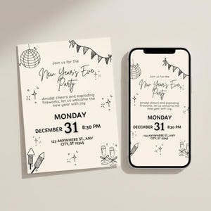 New Year’s Eve party invitation template for a stylish NYE celebration. Fully editable Canva invitation in 5x7 and 4x9 inches with matching dinner menu. New Year 2026 printable invite.