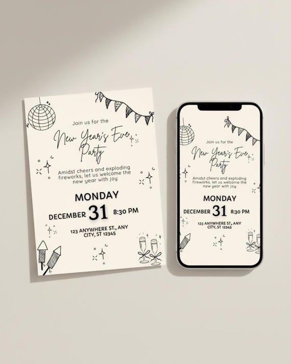 NYE Party Invitation Template, New Year 2026 Invite, Canva Printable