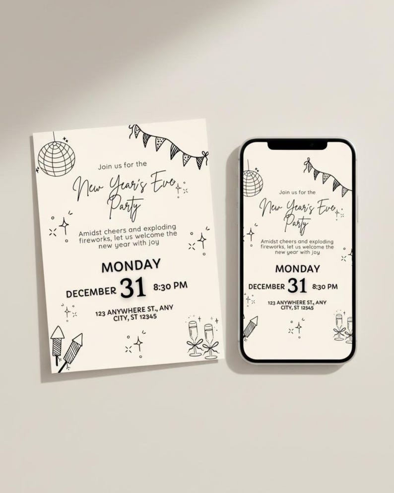 New Year’s Eve party invitation template for a stylish NYE celebration. Fully editable Canva invitation in 5x7 and 4x9 inches with matching dinner menu. New Year 2026 printable invite.