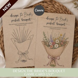 Two kraft paper game cards titled Design the Brides Perfect Bouquet with one blank and one completed with flowers.