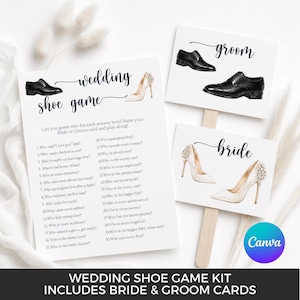 Könnte beinhalten: Ein Hochzeits-Schuhspiel-Set mit einer großen Anleitungskarte mit 30 Fragen sowie zwei Paddelkarten mit der Aufschrift groom mit schwarzen Schuhen und bride mit weißen High Heels. Der Text enthält wedding shoe game.