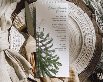 Christmas Menu Card Watercolor Christmas Tree,Elegant Holiday Dinner Menu Template for Restaurants, Catering, and Events