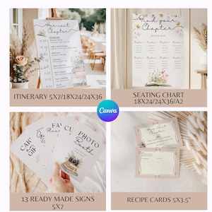 May include: A collection of wedding stationery including an itinerary sign, a seating chart, thirteen ready-made signs, and recipe cards. Each piece features floral illustrations, book motifs, and black text on white or cream backgrounds.