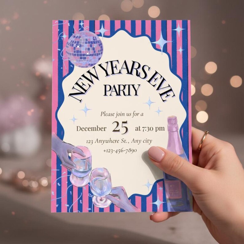 New years invitation template 2026 in girly disco style. Editable Canva NYE party invite with stripes and disco ball. 5x7, A5 and mobile. Instant download.