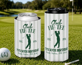 50th Golf Birthday Can Cooler, Personalized Golf Party Favors for Men, Club Fif-Tee Regular & Slim Can Holder