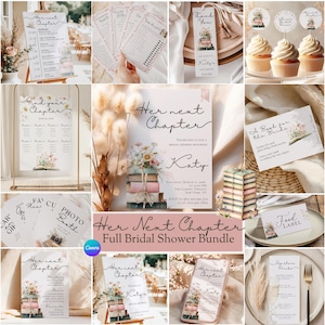 Her Next Chapter Bridal Shower Bundle, Editable Canva Template Set, Invitation Menu Welcome Sign Games, Book Theme Brunch Decor