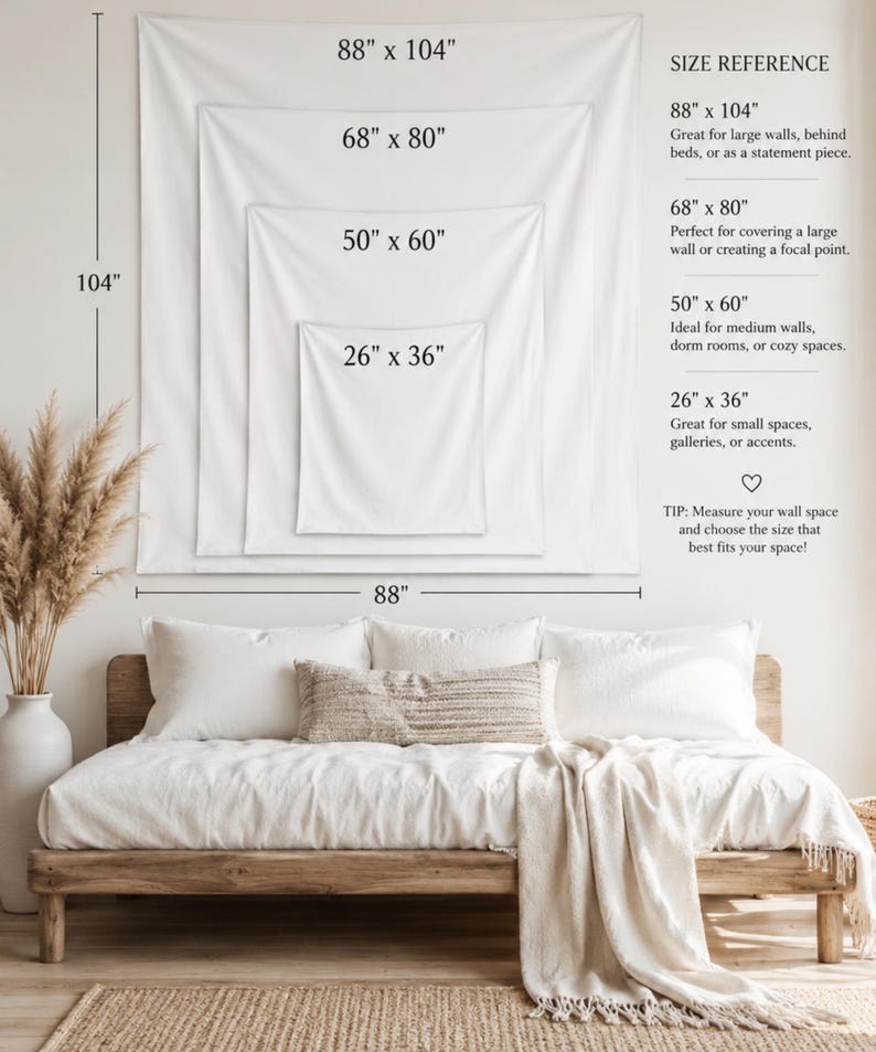 K&ouml;nnte beinhalten: Ein Gr&ouml;&szlig;enleitfaden f&uuml;r wei&szlig;e Wandteppiche mit vier rechteckigen Abmessungen: 26" x 36", 50" x 60", 68" x 80" und 88" x 104". Die Grafik enth&auml;lt Textbeschriftungen f&uuml;r jede Gr&ouml;&szlig;e sowie eine vertikale Messlinie f&uuml;r die H&ouml;he von 104 Zoll.