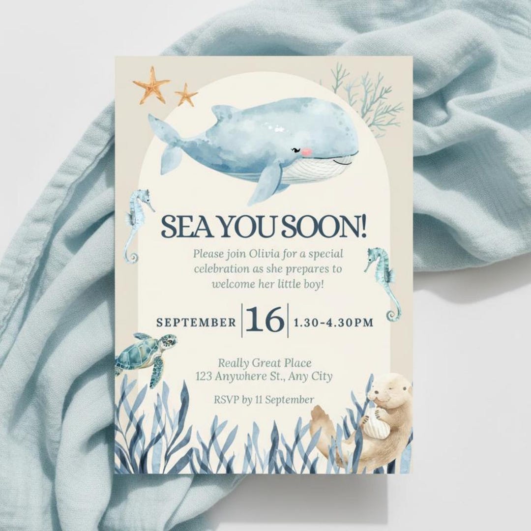 Under the Sea Baby Shower Invitation Template, Sea You Soon Ocean ...