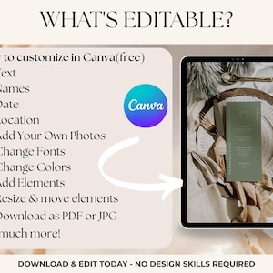 May include: An advertisement for Canva, a design platform. The image shows a tablet displaying a Thanksgiving menu design. Text highlights editable features: text, names, date, location, photos, fonts, colors, elements, and more. The Canva logo is featured.