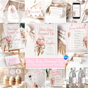 Può includere: Un set di cancelleria per addio al nubilato con un tema a righe rosa e bianche, grafiche di coni gelato e il testo She's Been Scooped Up. Include cartelli, etichette, schede di consigli, programmi e etichette per bottiglie d'acqua per una festa.