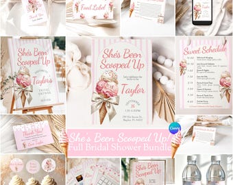 Sie wurde oben Brautdusche geschöpft, komplettes Bündel, Eiscreme-Themenparty-Kit, vollständiges Canva-Vorlagenset, Einladen, Spiele, Schilder, komplettes Dekor