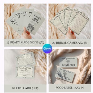 A collection of ready-made signs, bridal shower games, recipe cards, and food labels.