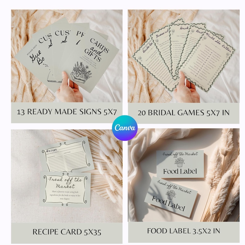 A collection of ready-made signs, bridal shower games, recipe cards, and food labels.
