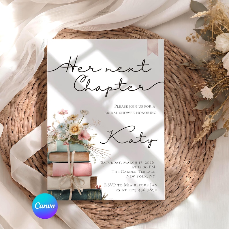 Invitación para despedida de soltera "Su próximo capítulo", plantilla de invitación con temática de cuento de hadas, "Comienza un nuevo capítulo" editable en Canva. imagen 1