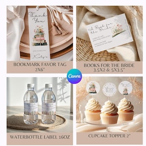 May include: A collection of bridal shower stationery including a 2x6 inch bookmark favor tag, 3.5x2 and 5x3.5 inch book request cards, 16 oz water bottle labels, and 2 inch round cupcake toppers, all featuring floral and book illustrations.