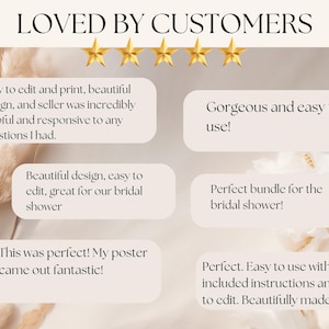 May include: A beige graphic with the text "LOVED BY CUSTOMERS" and five gold stars. Text bubbles contain customer reviews praising the design, ease of use, and helpful seller. The theme is related to bridal showers.