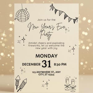 Celebrate in style with this New Year’s Eve party invitation template, designed to match the coordinating NYE dinner/menu card. Perfect for a festive and modern New Year 2026 celebration.