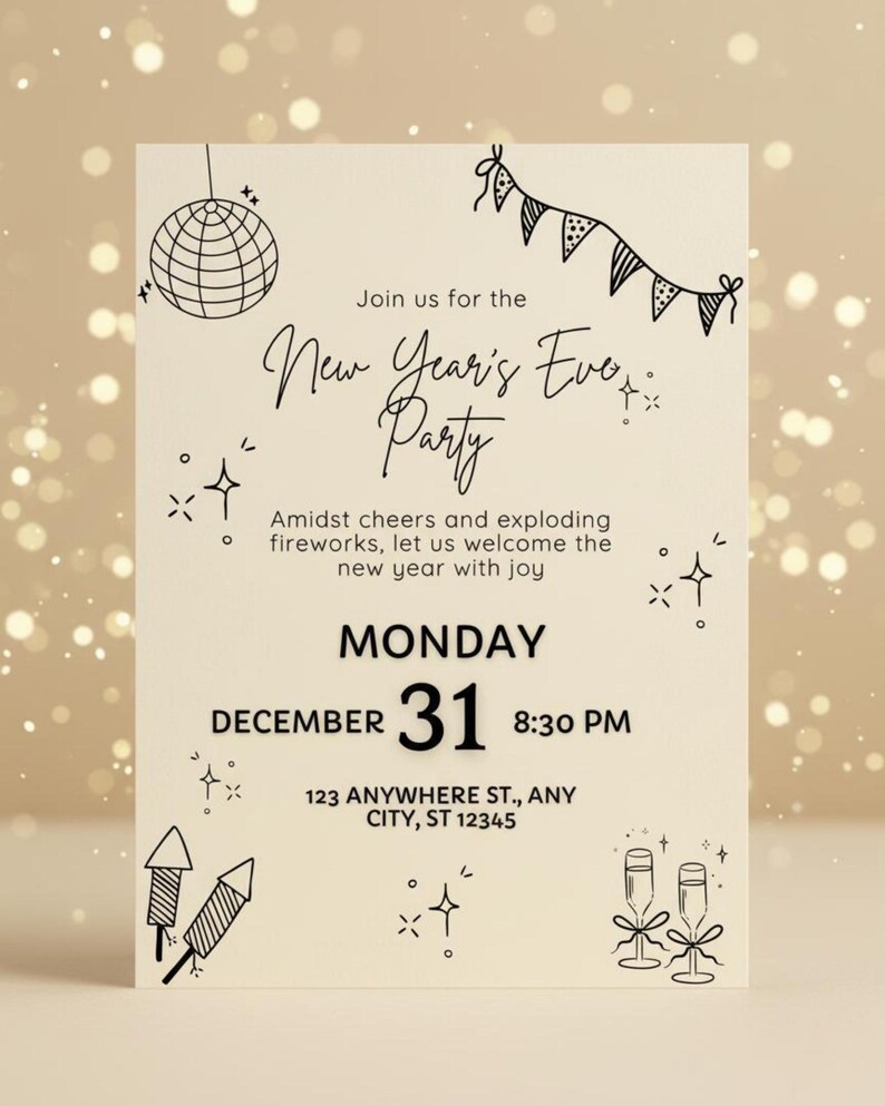 Celebrate in style with this New Year’s Eve party invitation template, designed to match the coordinating NYE dinner/menu card. Perfect for a festive and modern New Year 2026 celebration.