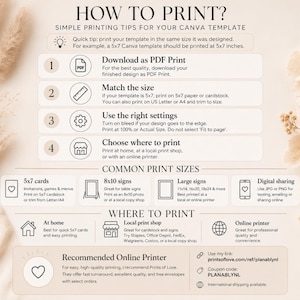 May include: An instructional guide titled HOW TO PRINT? featuring four steps for Canva templates: Download as PDF Print, Match the size, Use the right settings, and Choose where to print. It includes sections on common print sizes and where to print.