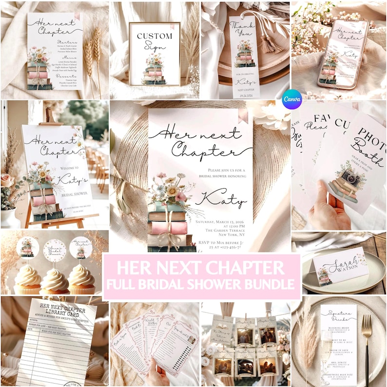 May include: A collection of stationery items for a bridal shower, including invitations, thank you cards, and signs. The design features a stack of books adorned with flowers and the text "Her Next Chapter".