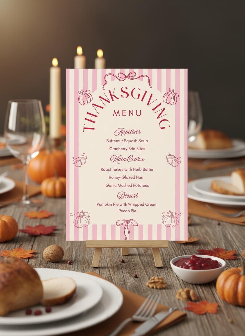 Pu&ograve; includere: Menu del Ringraziamento su un piccolo cavalletto di legno. Il menu presenta uno sfondo a righe rosa e bianche con la parola "Thanksgiving" in un design circolare. Il menu elenca antipasti, piatti principali e dessert.