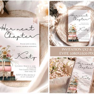 May include: A bridal shower invitation card featuring the text Her next Chapter and Katy, decorated with a stack of books tied with a ribbon and a floral arrangement. The design includes event details for March 13, 2026, at The Garden Terrace, New York.